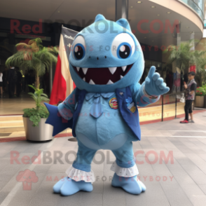 Sky Blue Piranha mascot costume character dressed with a Blazer and Shawls