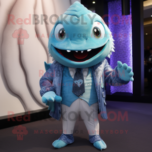 Sky Blue Piranha mascot costume character dressed with a Blazer and Shawls