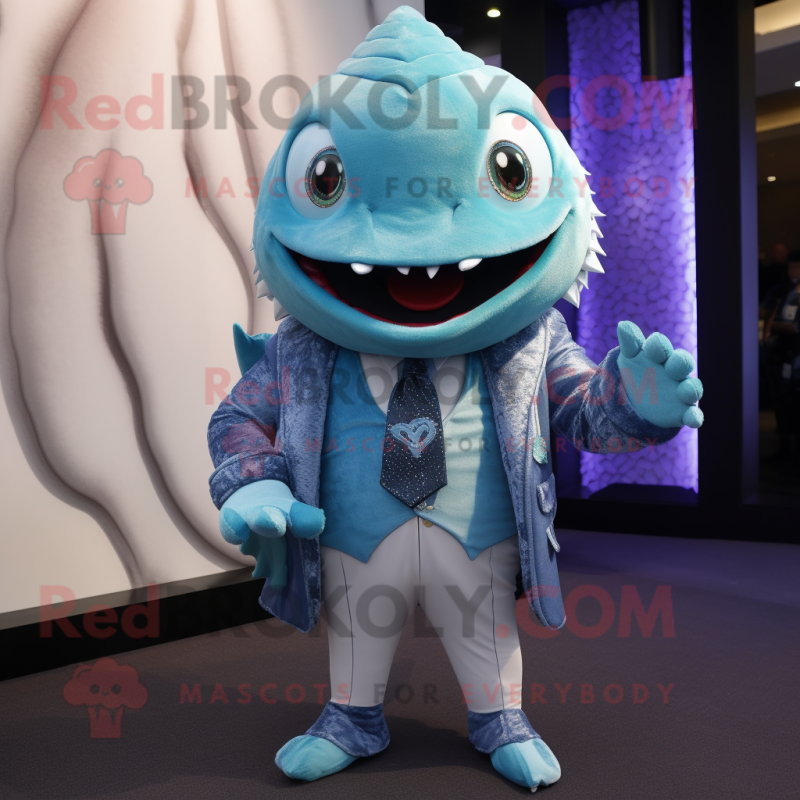 Sky Blue Piranha mascot costume character dressed with a Blazer and Shawls Sky Blue Piranha mascot costume character dressed with a Blazer and Shawls