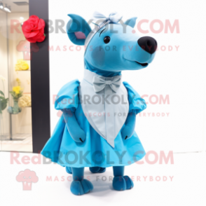 Sky Blue Tapir mascot costume character dressed with a Dress and Bow ties