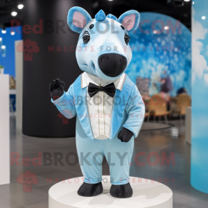 Sky Blue Tapir mascot costume character dressed with a Dress and Bow ties