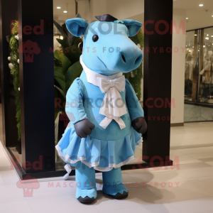 Sky Blue Tapir mascot costume character dressed with a Dress and Bow ties