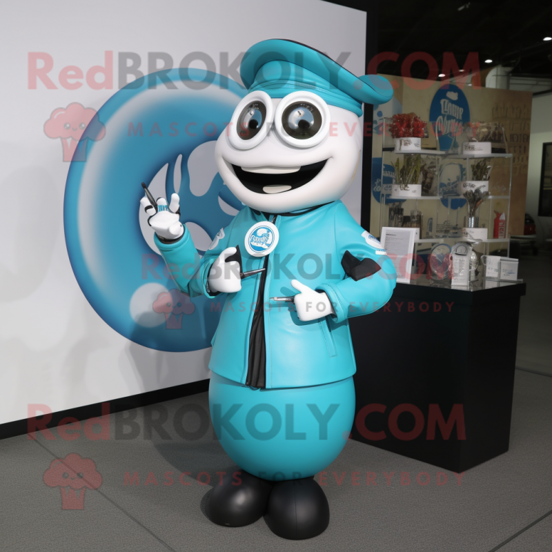 Turquoise Bottle Of Milk mascot costume character dressed with a Biker Jacket and Watches