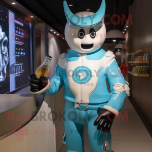 Turquoise Bottle Of Milk mascot costume character dressed with a Biker Jacket and Watches