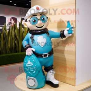 Turquoise Bottle Of Milk mascot costume character dressed with a Biker Jacket and Watches