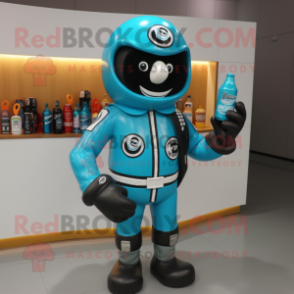 Turquoise Bottle Of Milk mascot costume character dressed with a Biker Jacket and Watches