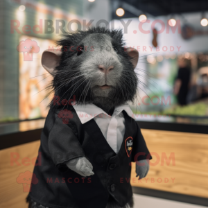 Black Guinea Pig mascot costume character dressed with a Henley Shirt and Tie pins