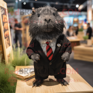 Black Guinea Pig mascot costume character dressed with a Henley Shirt and Tie pins