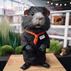 Black Guinea Pig mascot costume character dressed with a Henley Shirt and Tie pins