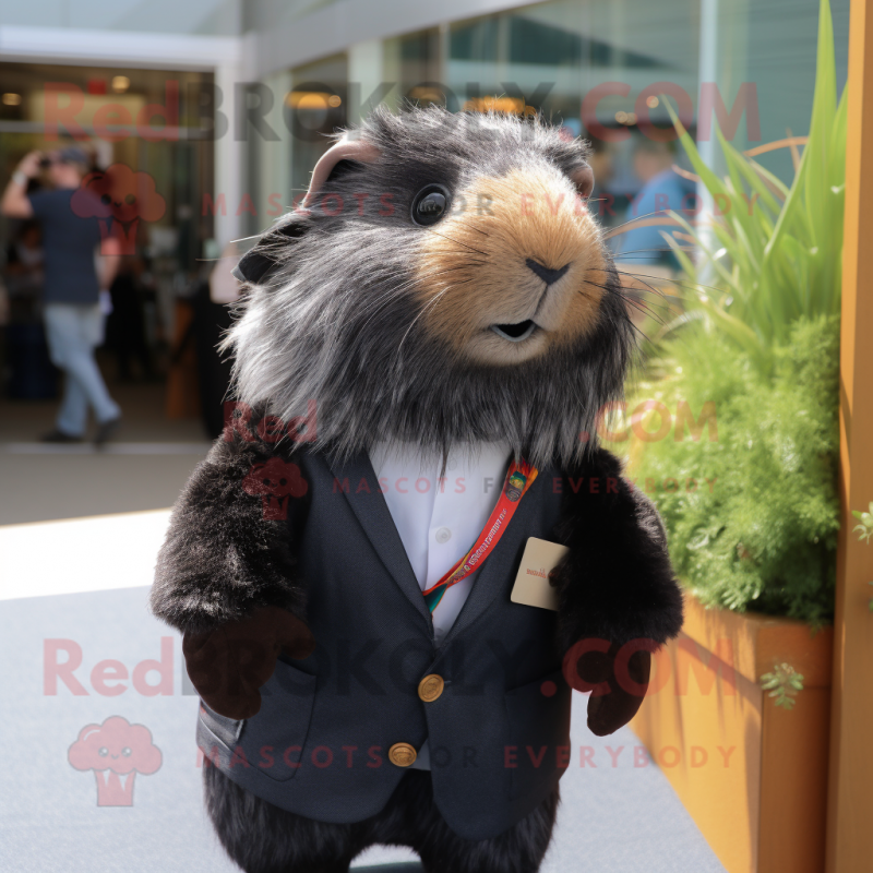 Black Guinea Pig mascot costume character dressed with a Henley Shirt and Tie pins