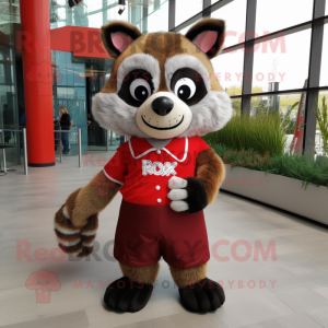 Red Raccoon mascot costume character dressed with a Skirt and Ties