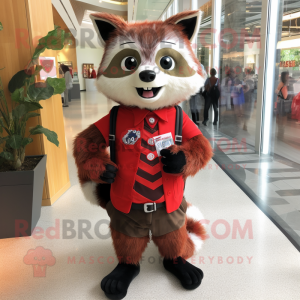 Red Raccoon mascot costume character dressed with a Skirt and Ties