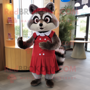 Red Raccoon mascot costume character dressed with a Skirt and Ties