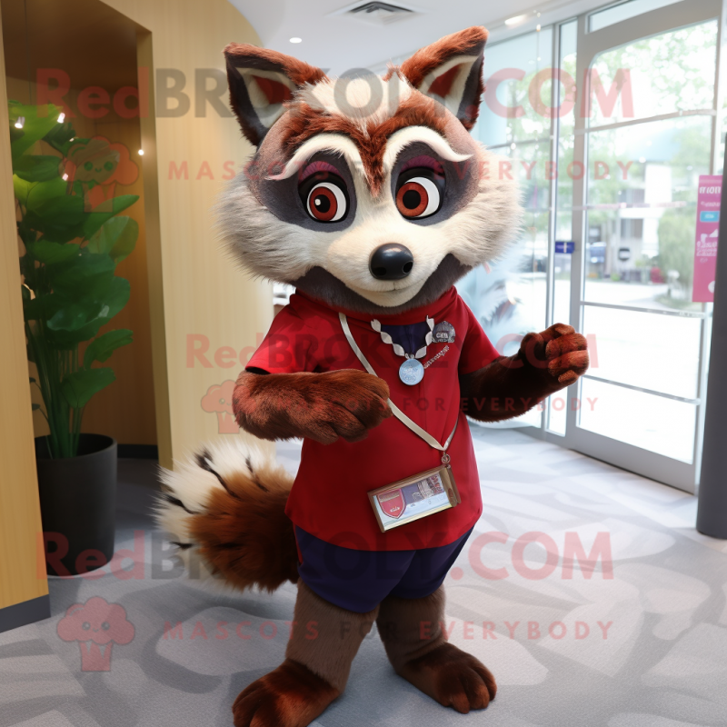 Red Raccoon mascot costume character dressed with a Skirt and Ties