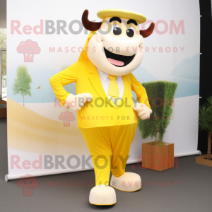 Yellow Beef Stroganoff mascot costume character dressed with a Suit Pants and Anklets