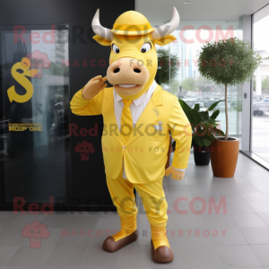 Yellow Beef Stroganoff mascot costume character dressed with a Suit Pants and Anklets