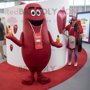 Maroon Bottle Of Ketchup mascot costume character dressed with a V-Neck Tee and Handbags