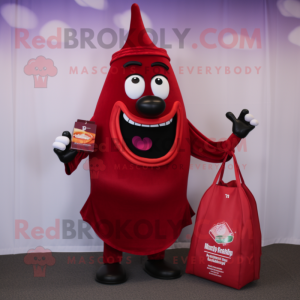 Maroon Bottle Of Ketchup mascot costume character dressed with a V-Neck Tee and Handbags