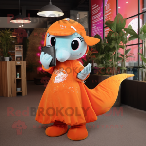 Orange Dolphin mascot costume character dressed with a Dress and Keychains