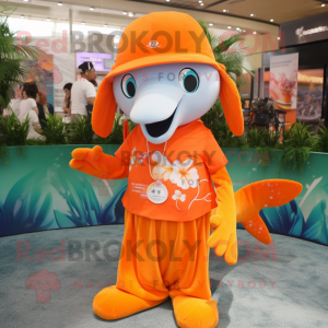 Orange Dolphin mascot costume character dressed with a Dress and Keychains