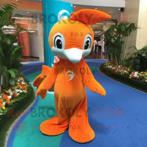 Orange Dolphin mascot costume character dressed with a Dress and Keychains