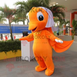 Orange Dolphin mascot costume character dressed with a Dress and Keychains