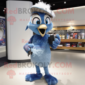 Gray Blue Jay mascot costume character dressed with a Polo Shirt and Hair clips