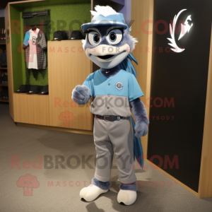 Gray Blue Jay mascot costume character dressed with a Polo Shirt and Hair clips