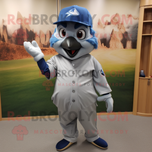 Gray Blue Jay mascot costume character dressed with a Polo Shirt and Hair clips