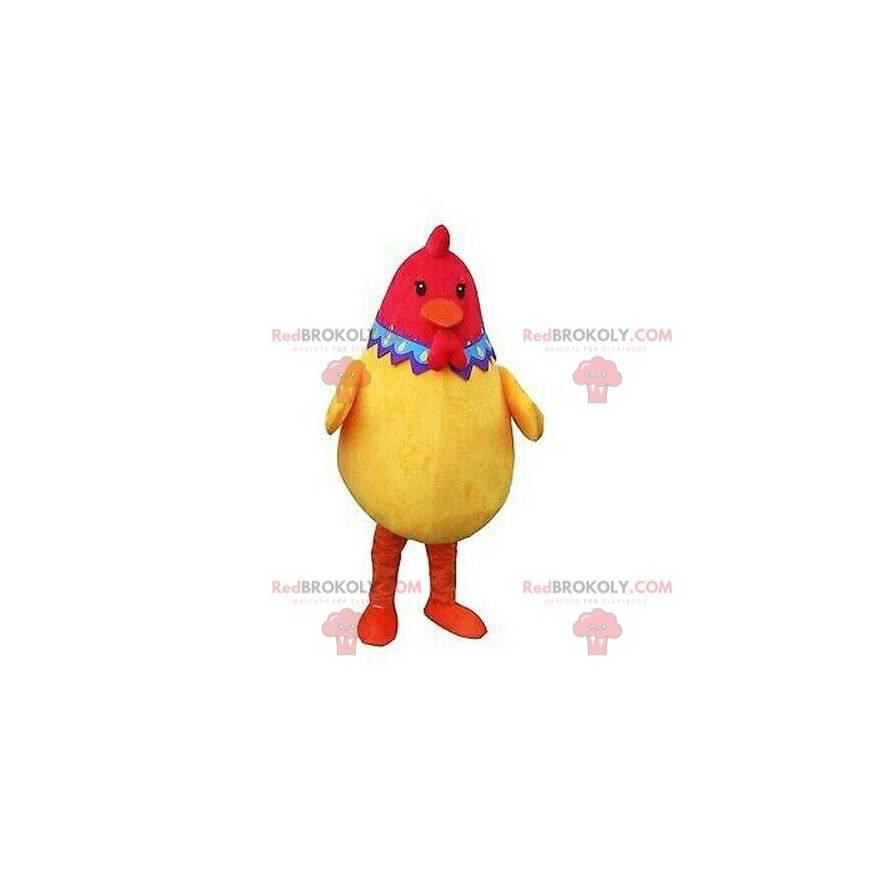 Mascotte de poule jaune et rouge, très réussie et colorée -