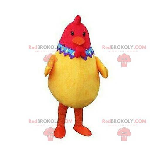 Mascotte de poule jaune et rouge, très réussie et colorée -