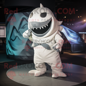 White Megalodon mascot costume character dressed with a Playsuit and Scarves