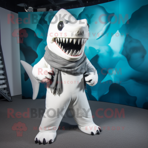 White Megalodon mascot costume character dressed with a Playsuit and Scarves
