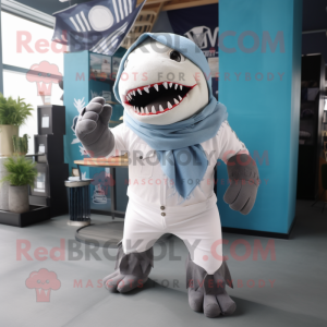 White Megalodon mascot costume character dressed with a Playsuit and Scarves