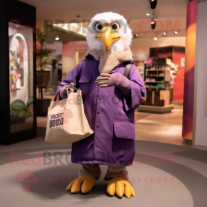 Purple Bald Eagle mascot costume character dressed with a Parka and Tote bags