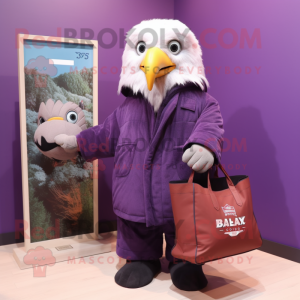 Purple Bald Eagle mascot costume character dressed with a Parka and Tote bags