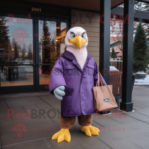 Purple Bald Eagle mascot costume character dressed with a Parka and Tote bags