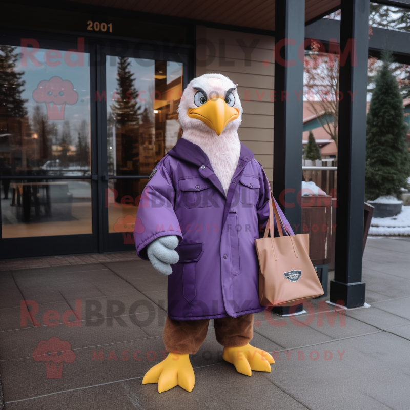 Purple Bald Eagle mascot costume character dressed with a Parka and Tote bags