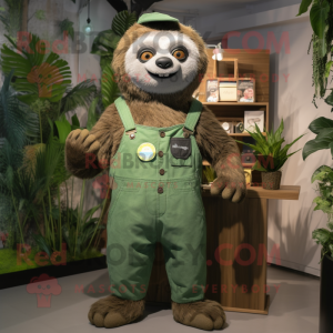 Green Sloth mascot costume character dressed with a Dungarees and Brooches