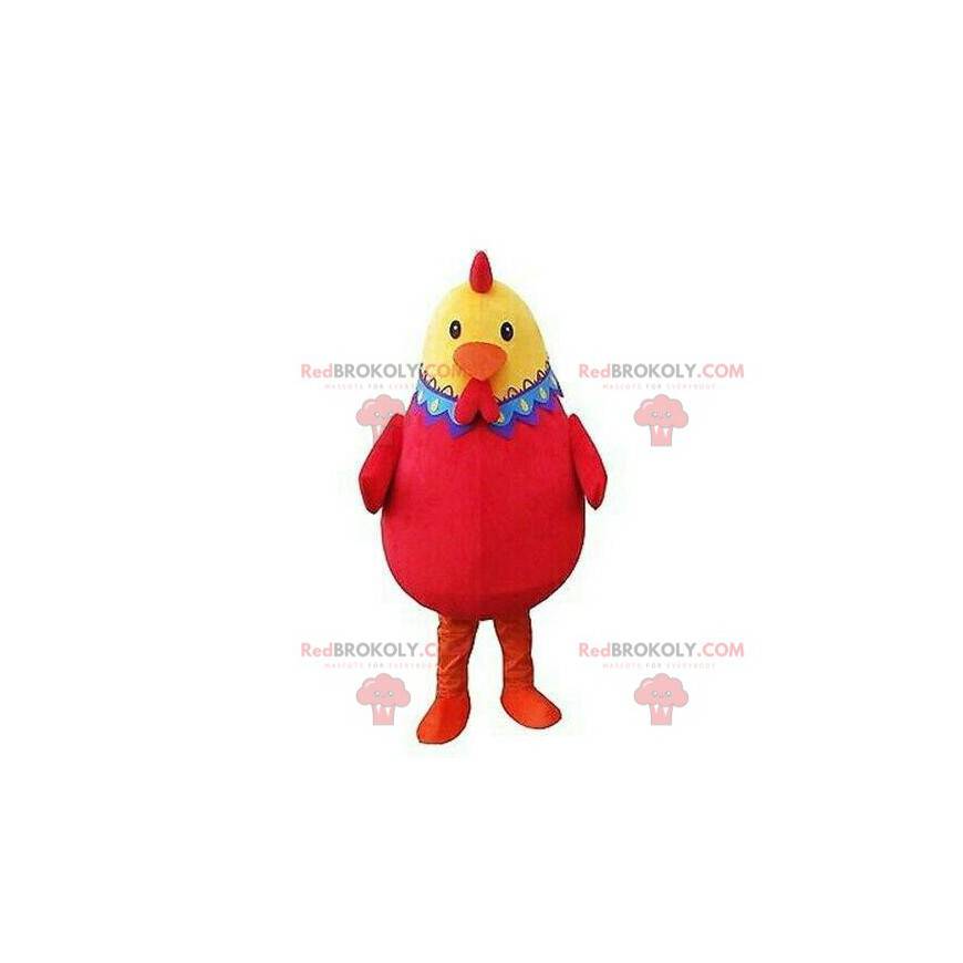 Mascotte de poule rouge et jaune, très réussie et colorée -