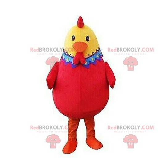 Mascotte de poule rouge et jaune, très réussie et colorée -