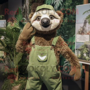 Green Sloth mascot costume character dressed with a Dungarees and Brooches