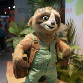 Green Sloth mascot costume character dressed with a Dungarees and Brooches