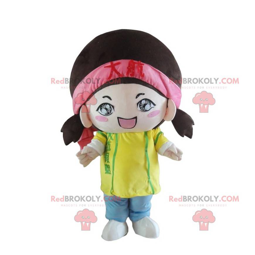 Mascotte de jeune fille colorée, costume d'enfant -