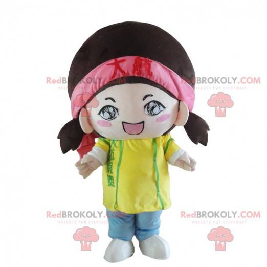 Mascotte de jeune fille colorée, costume d'enfant -
