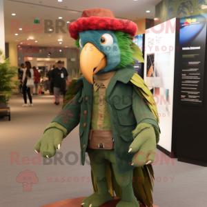 Forest Green Macaw mascot costume character dressed with a Cardigan and Hats