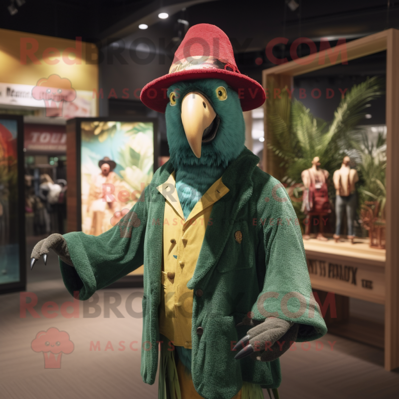 Forest Green Macaw mascot costume character dressed with a Cardigan and Hats