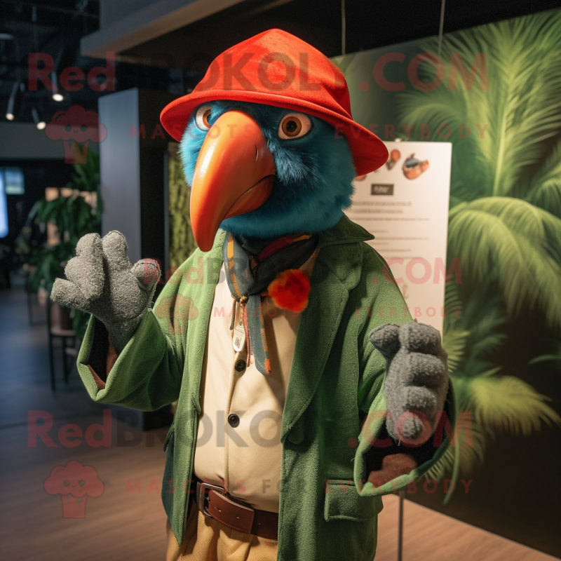 Forest Green Macaw mascot costume character dressed with a Cardigan and Hats