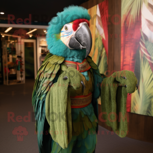 Forest Green Macaw mascot costume character dressed with a Cardigan and Hats