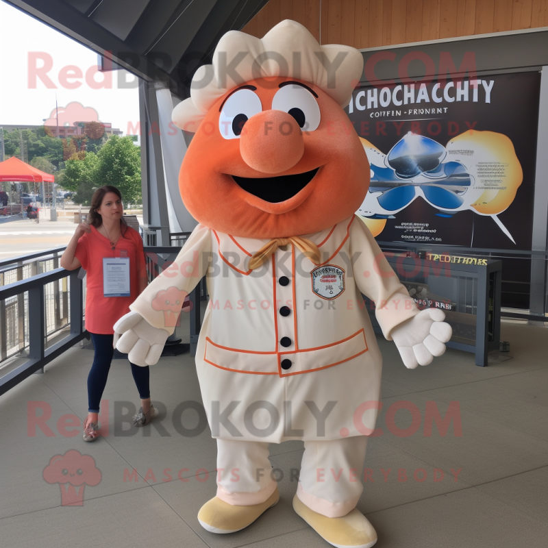 Peach Clam Chowder mascot costume character dressed with a Romper and Ties